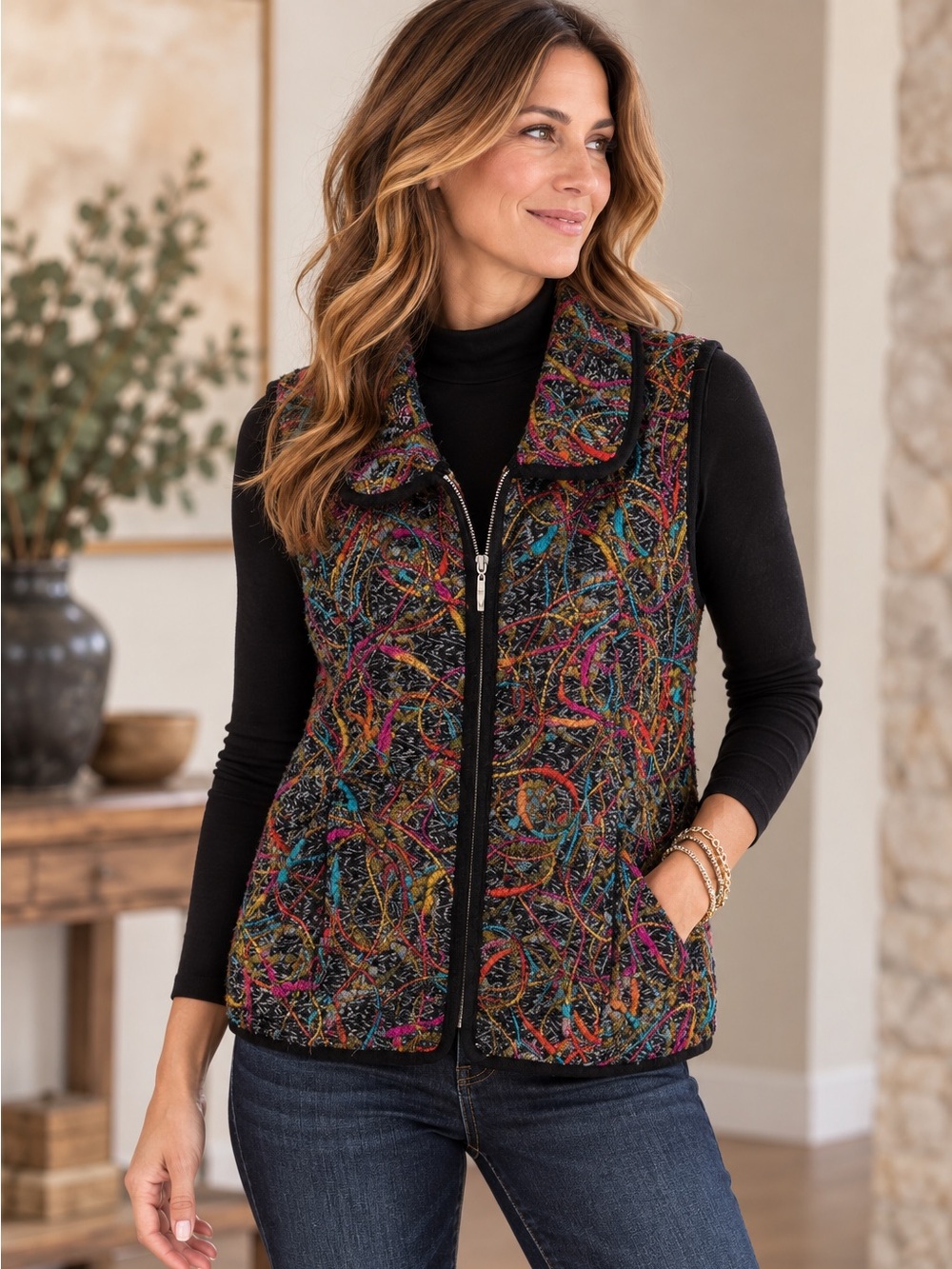 Vintage Lisa International Multicolor Textured Zip Vest Medium Artsy Boho